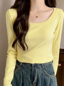Spring Autumn Cotton Long Sleeve U-Neck White Enhancing Top for Women Casual Style Fashionable Yellow T-Shirt Ladies Tee