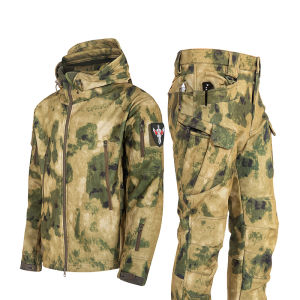 Military Mens Tactical Camoouflage Suit for Winter Waterproof Training Sets Hooded Jacket Fleece Pants Outdoor Hunting Uniform
