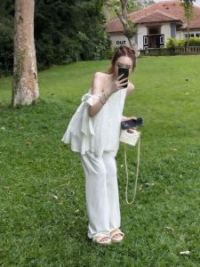 VKSOD | French Textured Belted Shoulder Casual Wide Leg Pants Sleeveless Womens Set Summer New Fashion Trendy Top Bottoms Ensemble