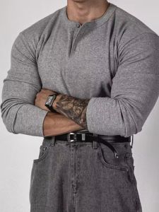 American Tough Guy Pure Cotton Henry Collar T-Shirt Muscle Men Silm Long Sleeves European Goods Half-Open Buckle Placket Collar Bottoming Shirt Fashion
