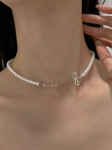 Elegant Pearl Necklace Womens Fashionable French Style Sweet Bow Tie Choker Trendy Clavicle Chain Jewelry Accessory