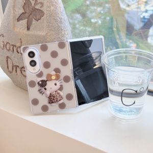 Sanrio | Ốp Điện Thoại Hello Kitty Hoạt Hình Màu Nâu Chấm Bi Họa Tiết Mực Bắn Chống Sốc Kèm Móc Treo Dành Cho Samsung Z Fold 8 Ultra 6 5 4