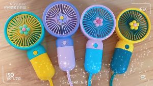 Cute cartoon candy color flower shape portable USB charging lanyard mini handheld fan for children and students