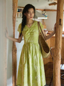 Solighter French Vintage Velvet Embroidery Waist Cinching Summer New V-neck Slimming Tea Break Dress Cotton Short Sleeve Midi Dress