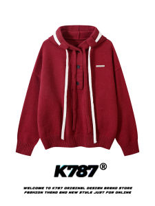 เสื้อสเวตเตอร์ถักสีแดงสไตล์ย้อนยุคแบบอเมริกัน K787 สำหรับทั้งชายและหญิง ฤดูหนาว 2024 แฟชั่นลำลอง ปกโปโล ปกโปโล