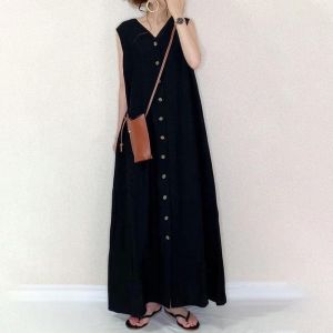 Summer Womens V-Neck Sleeveless Vest Dress Loose A-Line Long Skirt Casual Artistic Style Wide Hemline Versatile Comfortable