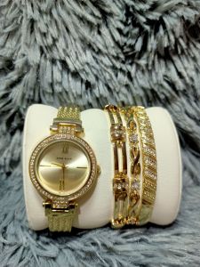 Anne Klein Womens Premium Crystal Accented Watch and Bracelet Set  Gold