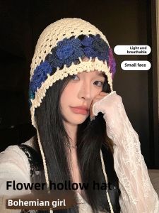 Ethnic Style Cut Out Handmade Bag Cap Female Face Small Bohemia Tassel Knitted Hat Big Head Big Face Sleeve Cap
