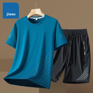 Zhenvis Ice Silk Short Sleeve T-shirt Mens Summer Thin Casual Quick-Drying Sports Dad Fitness Two-piece Set Mens Clothing