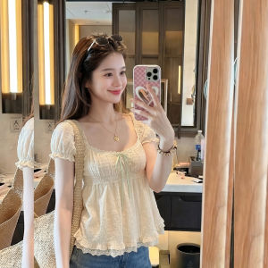 PAIBOLI | Áo Blouse Thanh Lịch Cổ Vuông Tay Bồng Nơ Gỗ Đục Lỗ Mùa Hè Size Lớn