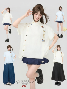 KEIKO | Embroidered Short Sleeve Delicate Stand Collar Stylish Blouse