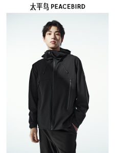 Black Hooded Sports Jacket Outdoor Soft Shell Outerwear Spring Autumn New Arrival PEACEBIRD Mens Fashion Urban Style Long Sleeve Zipper Closure