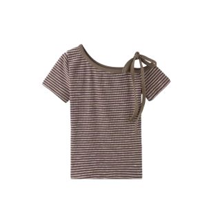 YUEZHONGWEI | Unique Purple Striped Short Sleeve T-Shirt Womens Summer Slim Fit Shoulder Bared Creative Commute Style Korean Version Print