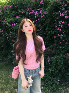 YUEZHONGWEI | American Style Pink Short Sleeve Ice Silk Slim Fit Lightweight Sweater