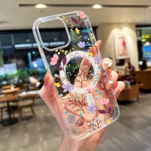 Flower Pattern For Magsafe Transparent Case For iPhone 15 17 16 13 11 12 14 Pro Max 17 Air Magnetic Wireless Charging Soft Cover