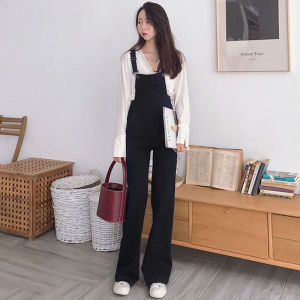 High Waist Wide-Leg Suspender Denim Womens Silm Slim Looking Waist-Tight Long Micro-Pull Spring & Fall Black Straight Draped Pants