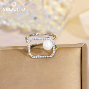 SEQUITO High Grade Silver Plated Hollow Out Rectangle with Pearl Adjustable Ring Paved Sparkly White AAA Cubic Zircon Personality Women Finger Jewelry for Costume Accessories SR057