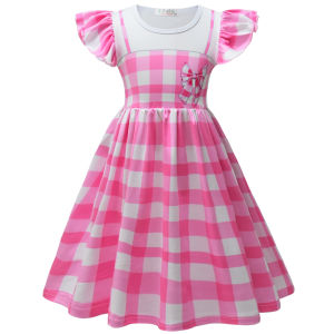 Pink Plaid Dress For Kids Girls Cosplay Cloth Performance Costume Dress For 3 4 5 6 7 9 10  yrs