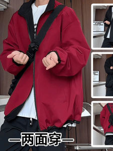 แจ็คเก็ตผู้ชายสีแดงม่วง ทรงสั้น ทรงหลวม แจ็คเก็ตสไตล์อเมริกัน ป้องกันลม กันน้ำ แจ็คเก็ตฤดูใบไม้ผลิและฤดูใบไม้ร่วง