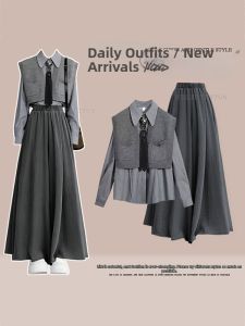 NUMEN BUTTON | Youthful Style Knit Vest Base Shirt High Waist Skirt Set