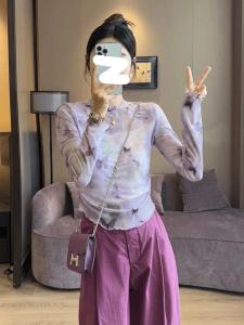 Purple Butterfly Printed Sunscreen Chiffon Blouse Womens Summer Lightweight Breathable T-Shirt Easiest for Match Fashion round Neck Ice Silk Tops