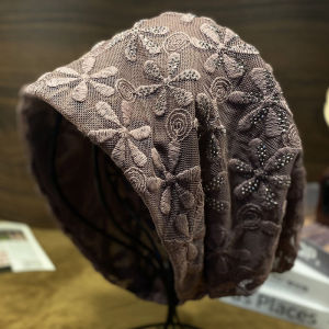 Womens Thin Lace Hat Spring Summer No-Cuff Fashionable Cap-Over-Bin White Hairs Covering round Top Polyester Fiber