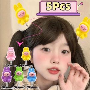 5Pcs Labubu Plush Spring Hair Clip Plush Rabbit Ear Elf Hairpin 3D Cartoon Glossy Style Doll Headwear Barrettes Cartoon Doll Bangs Clips