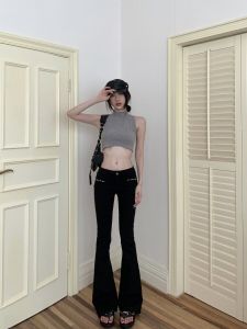 Retro American Low Waist Black Slim Straight Rivet Denim Jeans Womens Spring Pants Micro Flared Long Floor-Length Trousers
