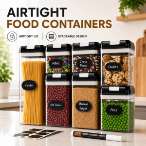 Airtight Food Container Set | BPA-Free Kitchen Storage Containers | Stackable Pantry Organisation Box with Labels | Leakproof Dry Food Storag