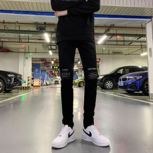 New Arrival Black Denim Men Handsome Washed Hip Hop Fancy Hot Drilling Hole & Patch Slim-Fit Pants Mens