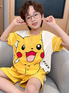 Pikachu Childrens Summer Sleepwear Short Sleeve round Neck Home Clothes Set Thin Cotton Pyjamas for Boys Suitable for All Ages