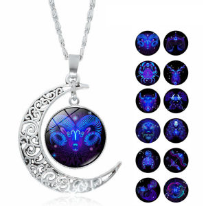 Necklace classic 12 constellation pendant Zodiac time gemstone necklace Moon glass pendant European and American jewelry