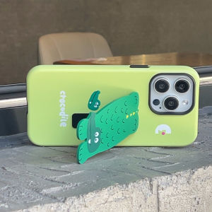 Evenshow 2024 New High-End Film Phone Case with Stand Suitable for  15 Series 16Promax 14Plus 13 Protective Cover Cute Cartoon Green Crocodile Design