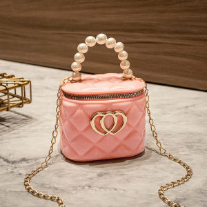 Girls Pearl Bucket Bag Chain Diamond Grid Crossbody Bags Korean Style PVC Material Square Shape Leisure Fashion Mini Size