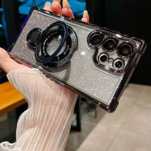 🇹🇭เคสโทรศัพท์กันกล้องพร้อมขาตั้งพับได้เคสแม่เหล็กแบบใสกลิตเตอร์พร้อมฟิล์มเลนส์สำหรับ Samsung Galaxy S22 S23 S24 S25 Plus Ultra โชว์โลโก้ เคสซัมซุงPHONE CASE