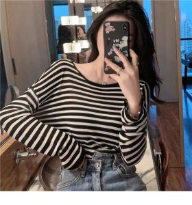 HUOLISI | Sun Protection Stripe Knit Backless Lightweight T-Shirt Long Sleeve