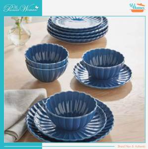 The Pioneer Woman Colette 12-Piece Stoneware Dinnerware Set Blue