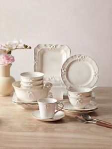 MODERN SWEETHOME | Glazed Under Color Porcelain Change Bowl Dish with Bow and French Relief Design