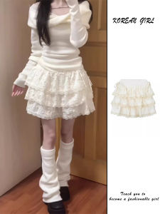 Sweet Milk White Lace Trim High Waist Puffy Short Skirt Womens Design Sense Autumn Cake Skirts Retro Style Bounded Waist
