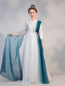 Elegant Gradient Blue Guzheng Performance Costume for Girls 2024 New Style Quality Childrens Traditional Stage Fashion Dress