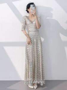 New Years Party Formal Evening Dress Silver Gray Fish Tail