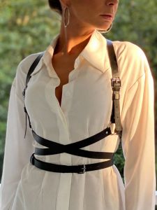 Womens Black Faux Leather Criss-Cross Chest Harness | Adjustable Buckle Gothic Punk Style | For Shirt & Dress Streetwear