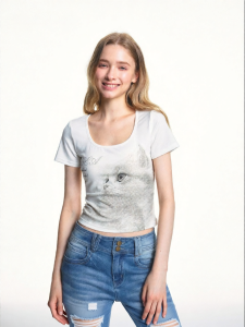 Apea | Retro Cat Print U-neck Short Sleeve T-shirt Womens Summer Thin Fit