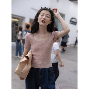 Pink Short Sleeve Knitted Sweater Womens Autumn Winter Slim Fit Base Layer Top Korean Style Commute Fashion Mixd Brand