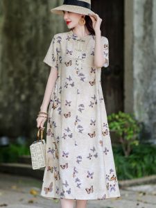 New Chinese Style Gentlewomans Summer Dress Silk Lyocell A-Line Skirt Short Sleeve Print Gown for Mom Elegant And Refined