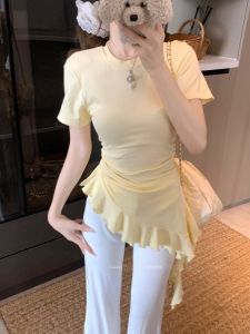GUZILIAN | Korean Style Pure Color Short Sleeve Womens T-shirt Summer Ruffle Hem Irregular Design Slimming Layering Beautiful Top