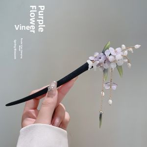 New Chinese Style Purple Wisteria Flower Hairpin Womens Tassel Hair Accessories Traditional Hanfu Hairpin Headwear