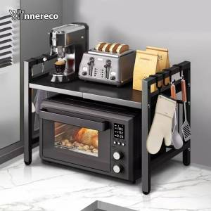 Adjustable Kitchen Microwave Rack Expandable and Height Adjustable Strong Load Bearing Microwave Shelving Carbon Steel Material Oven Rack Kitchen Storage Shelf Heavy-Duty Metal Rack Universal Fit (Fits 99% Microwaves)