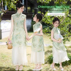 MPW | Girls Cheongsam Dress Set Traditional Chinese Style Childrens Skirt Pants Ruched Skirt Girls Outfit Summer New Arrival