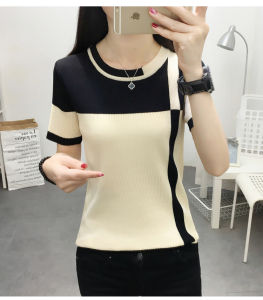 LUCKIN STORE Womens Short Sleeve T-shirt New Knit Blouse Loose Color-block Womens Top Pullover